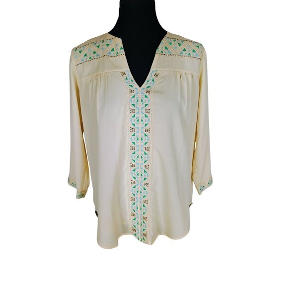 MM Couture Miss Me Top Beige Embroidered 3/4 Sleeve Shirt Top Large‎ - Picture 1 of 7